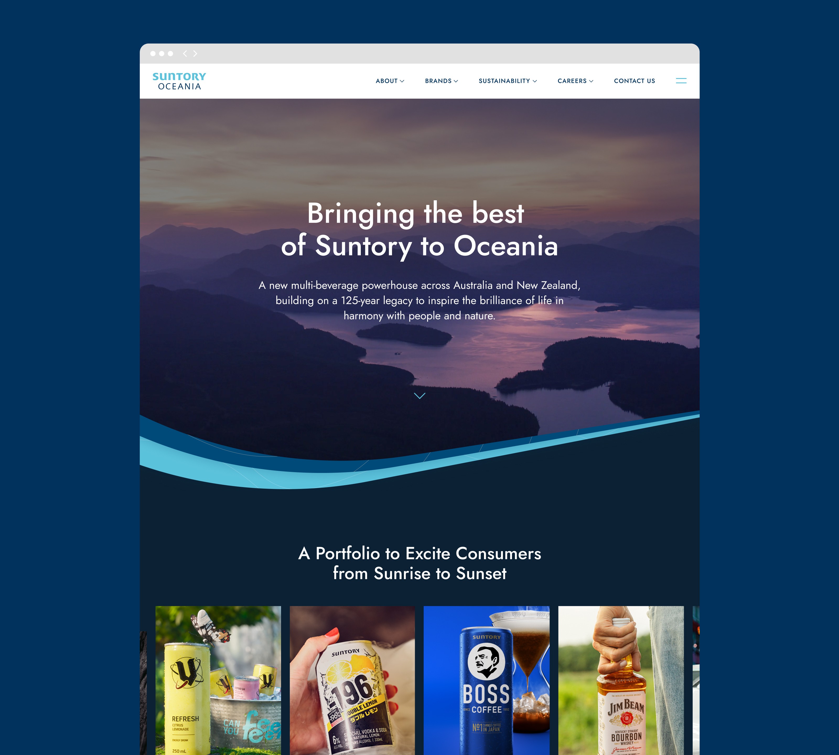 Suntory Oceania homepage screen with navigation, tagline and background video