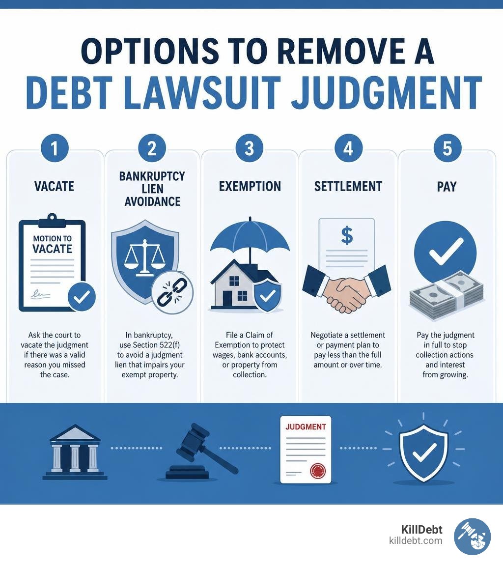 Options to remove a debt lawsuit judgment: vacate, bankruptcy lien avoidance, exemption, settlement, pay infographic