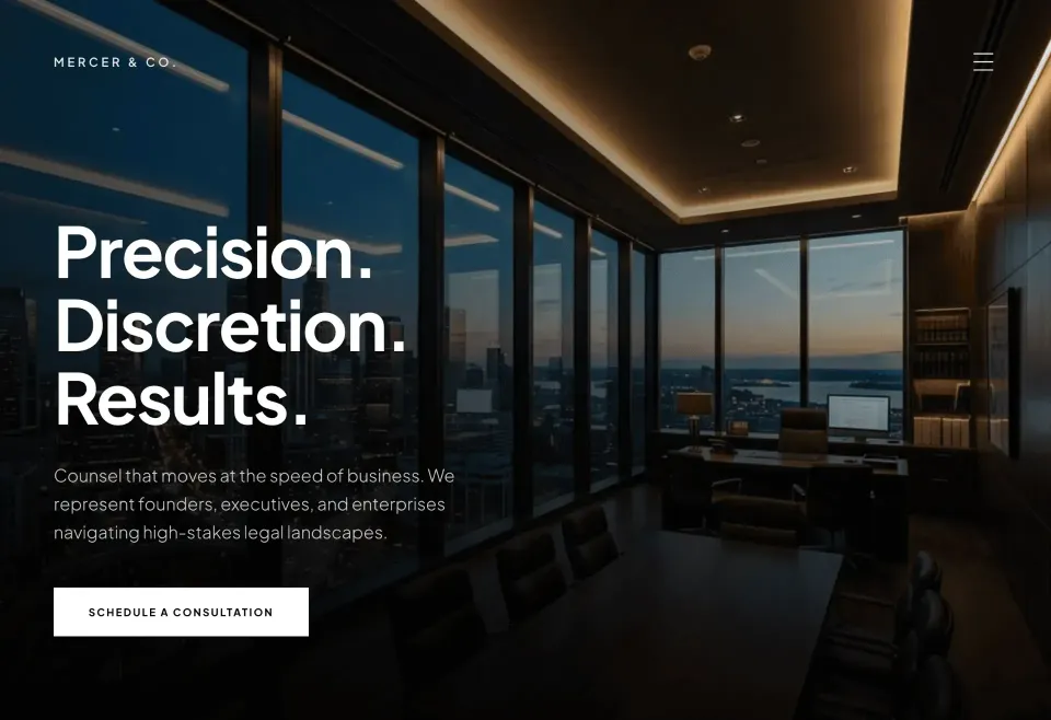 A modern law firm website mockup displaying professional contract drafting services and legal consultation information.