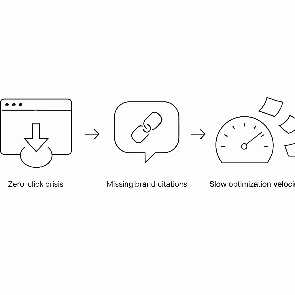 Diagram showing zero-click issue, missing AI citations, and slow velocity that hinder traditional SEO tools.