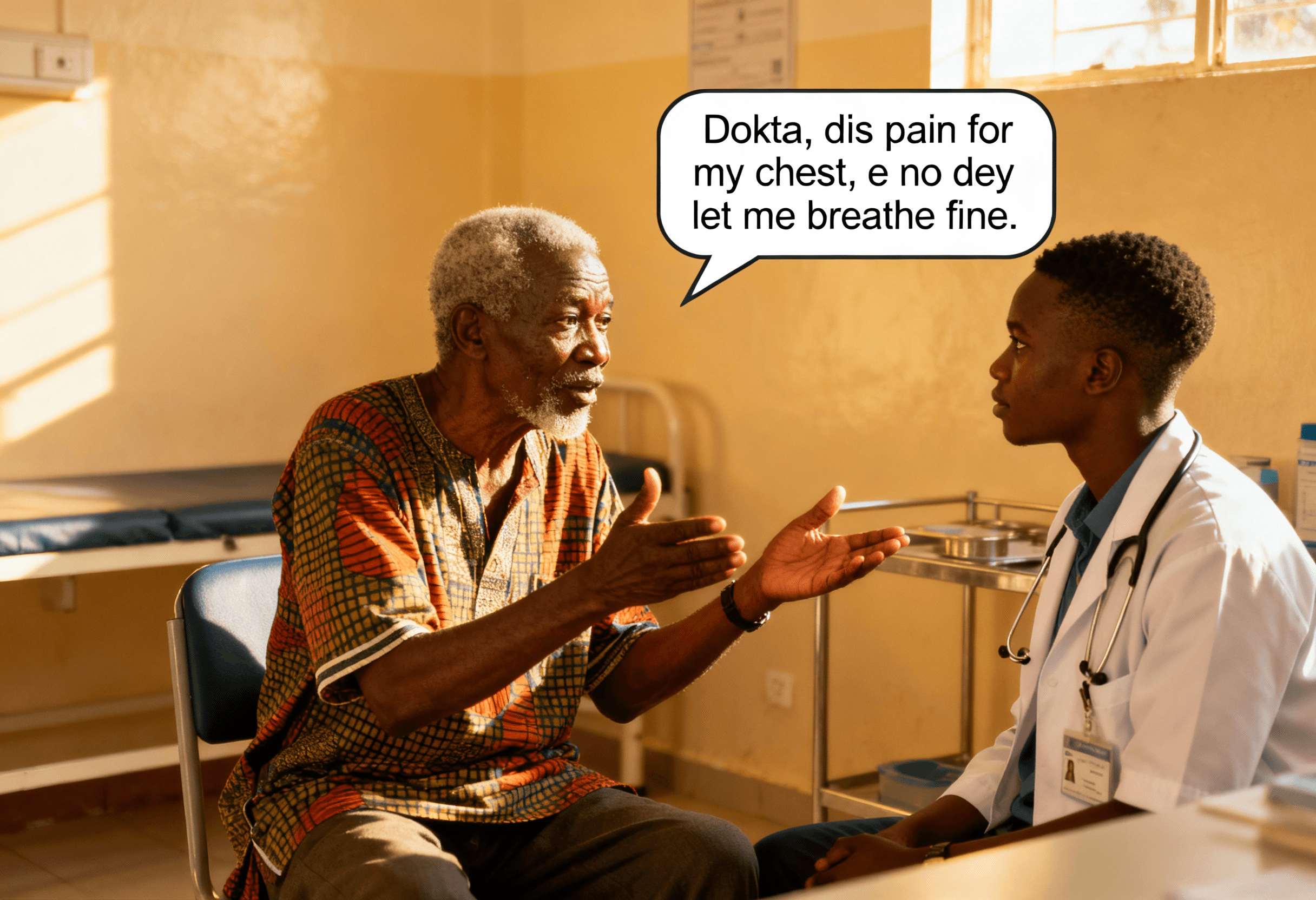 An elderly man speaks to a young doctor in a brightly lit clinic room. The man gestures with his hands while explaining his chest pain, and the doctor listens attentively, wearing a stethoscope. A speech bubble reads, “Dokta, dis pain for my chest, e no dey let me breathe fine.”