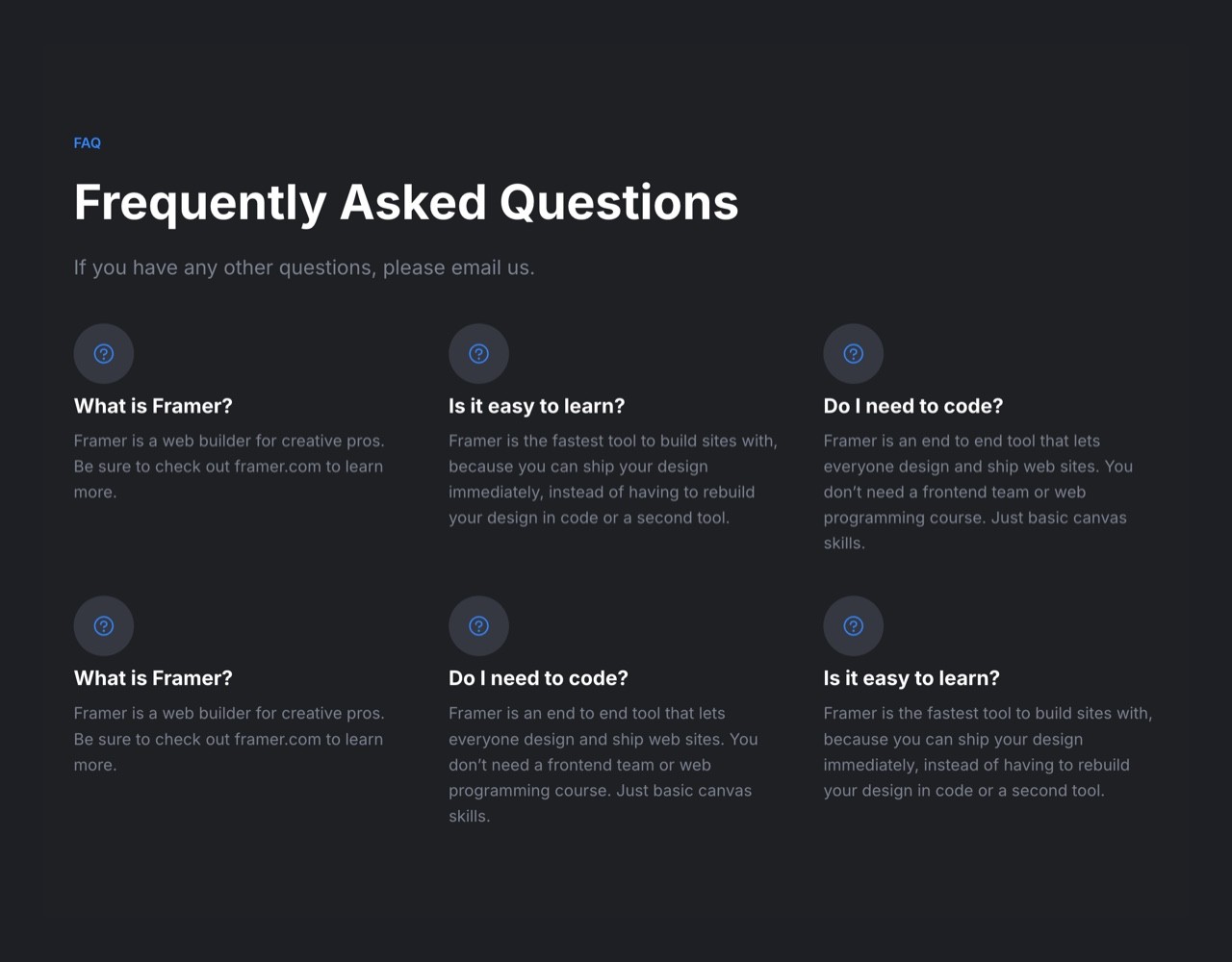 Framer Dark FAQ Section - Frameblox UI