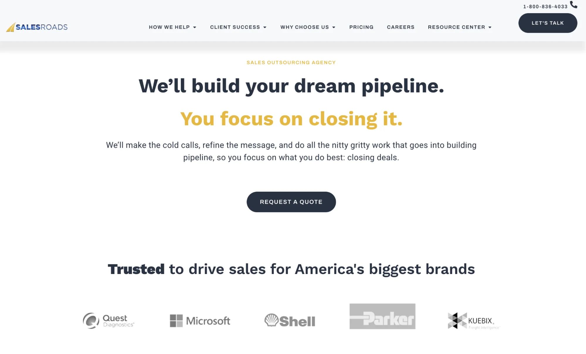 SalesRoads homepage: custom-built outsourced SDR teams for B2B pipeline