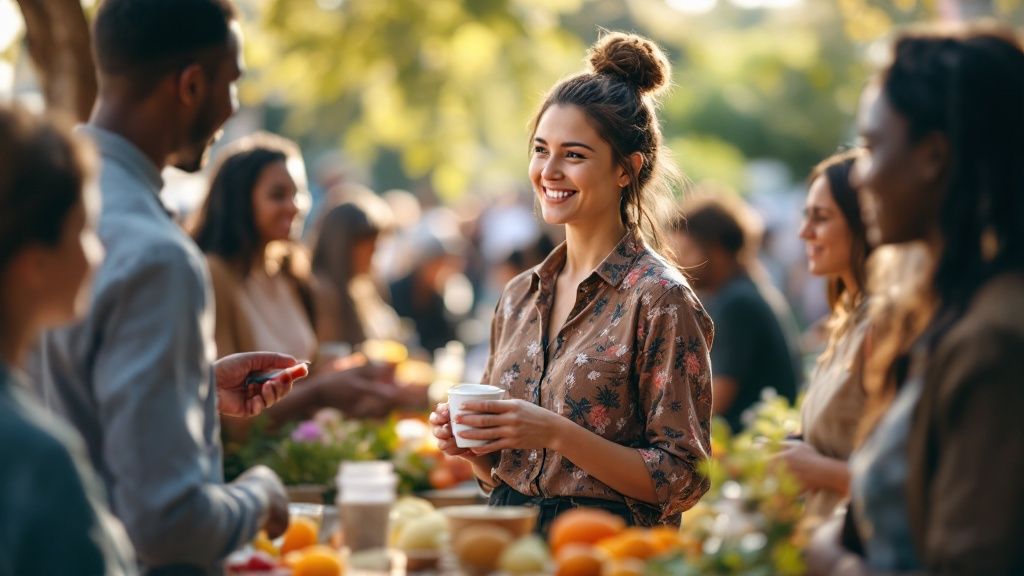 Smiling woman holding a cup at an outdoor market or community event, engaging in a cheerful conversation with others surrounded by fresh produce and greenery