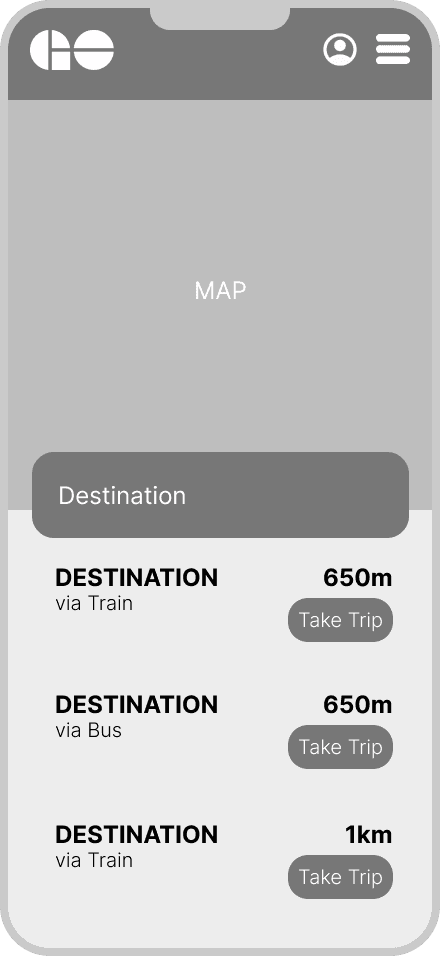 Map screen showing three destination options with distance labels and Take Trip buttons.