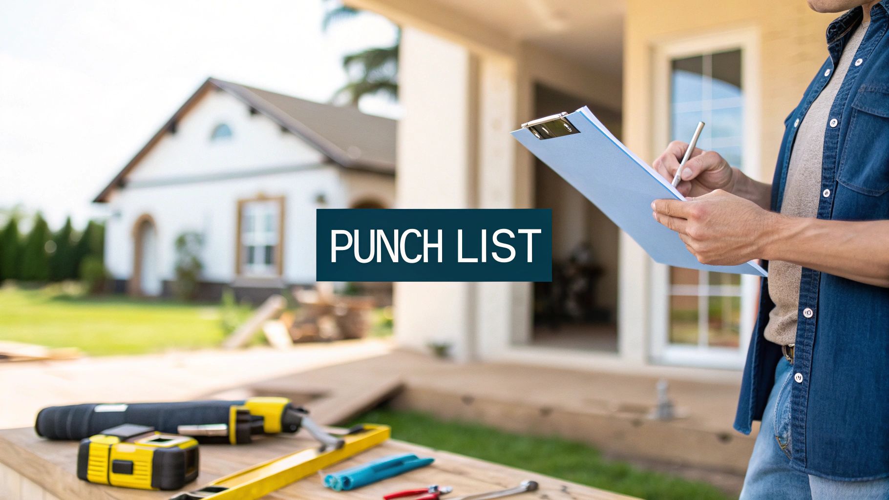 a man holding a clip board and workbench with a blue text box in the foreground reading 'punch list'