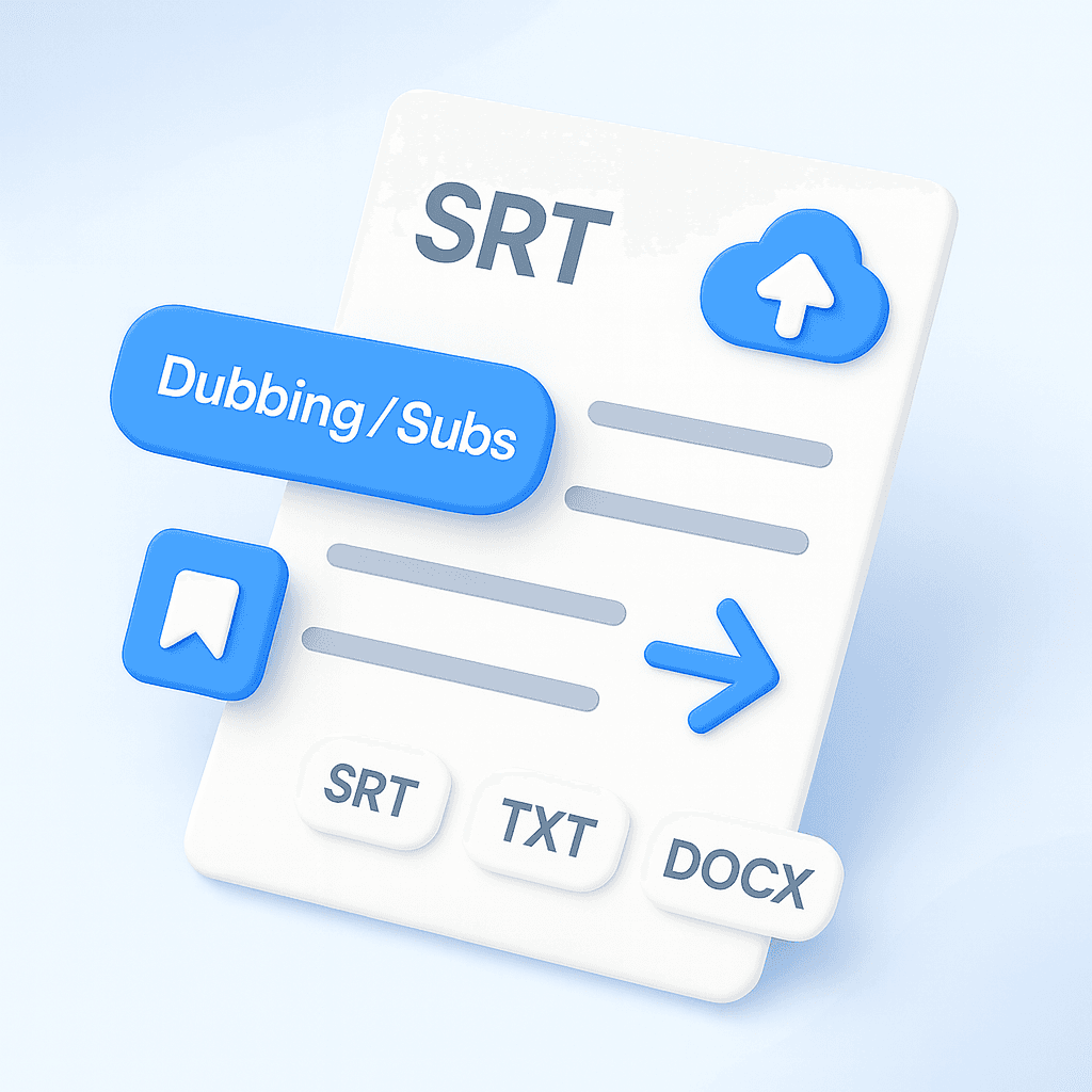 3D illustration of a document with text lines, surrounded by subtitle and style icons, representing the process of checking captions and exporting the final file.