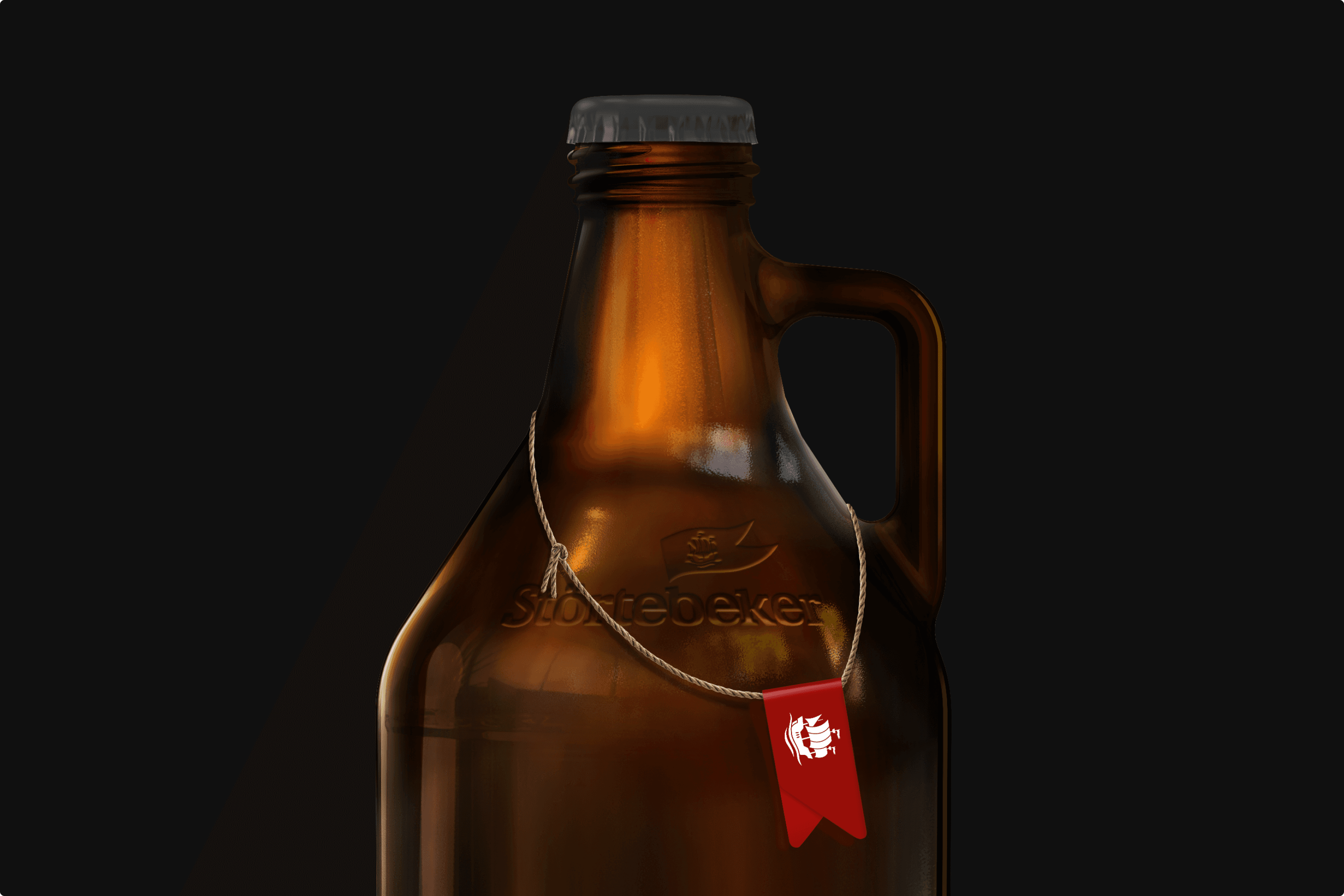 Amber growler with red flag tag and Störtebeker logo