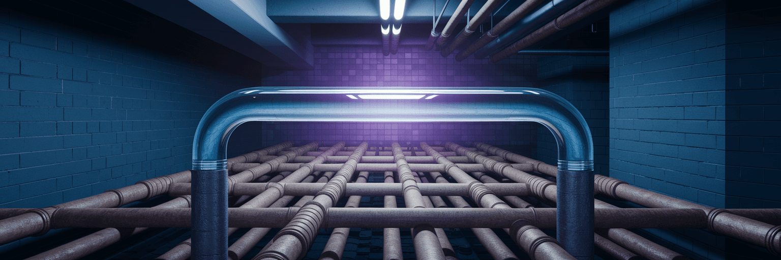 Clear aqueduct over tangled pipes