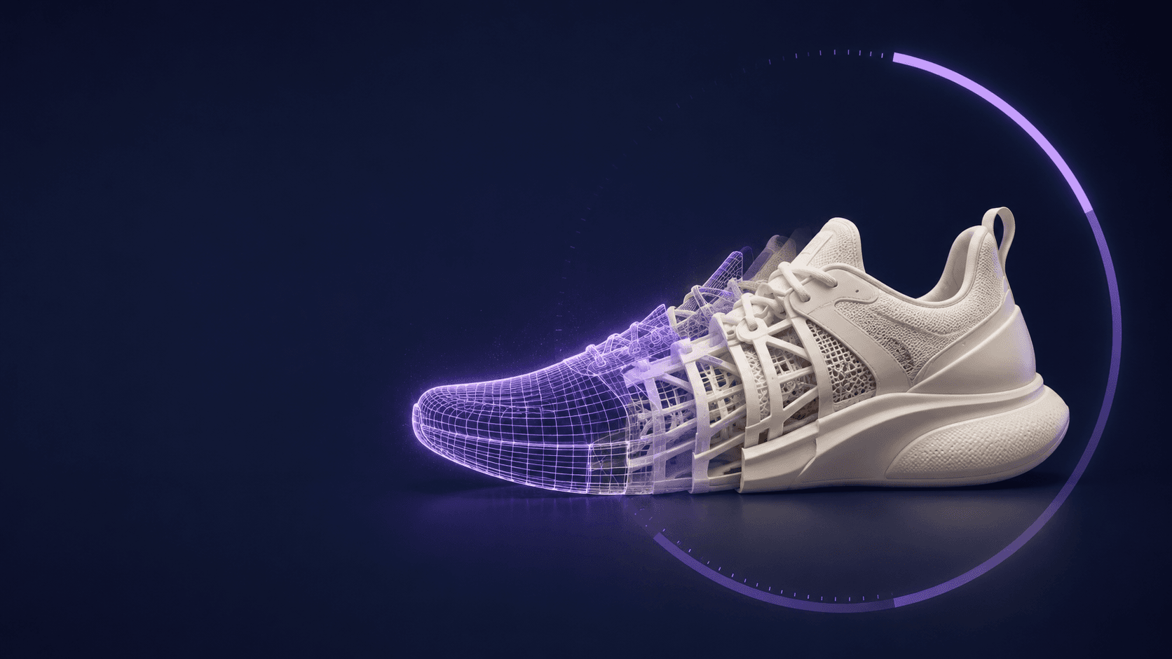 A 3D sneaker loading from a purple wireframe into a solid rendered product