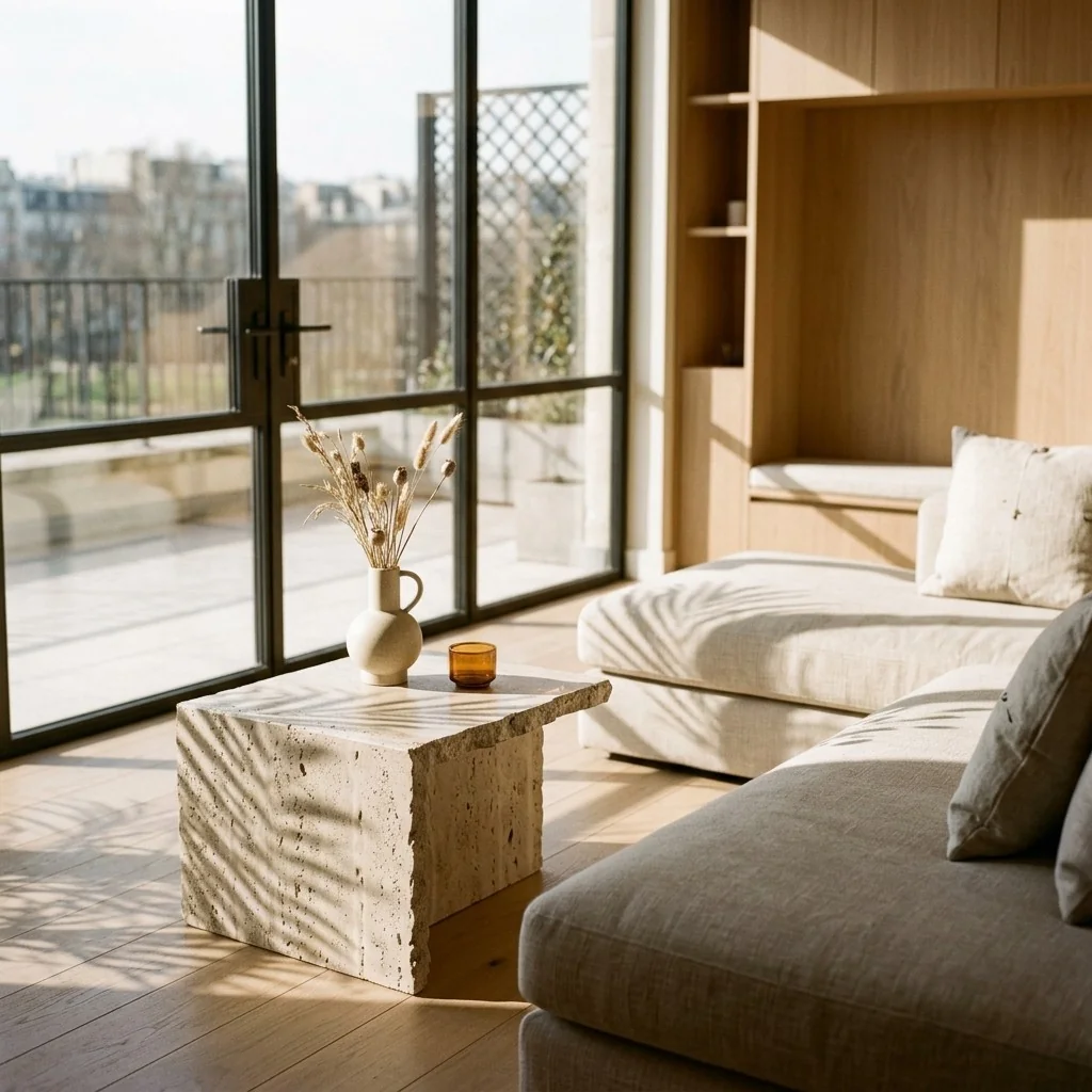 Minimalist interior with natural wood, neutral tones, and woven accents.