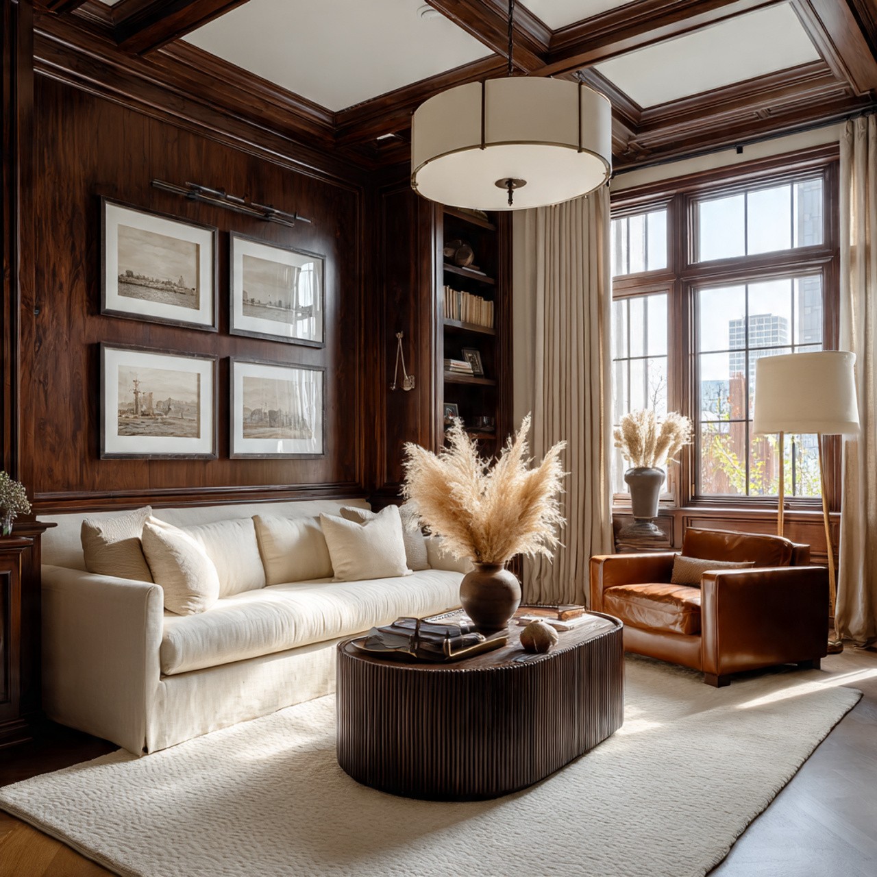 Elegant living room with dark wood paneling, beige sofa, leather chair, pampas grass centerpiece, large window, and soft lighting. Cozy and sophisticated ambiance.