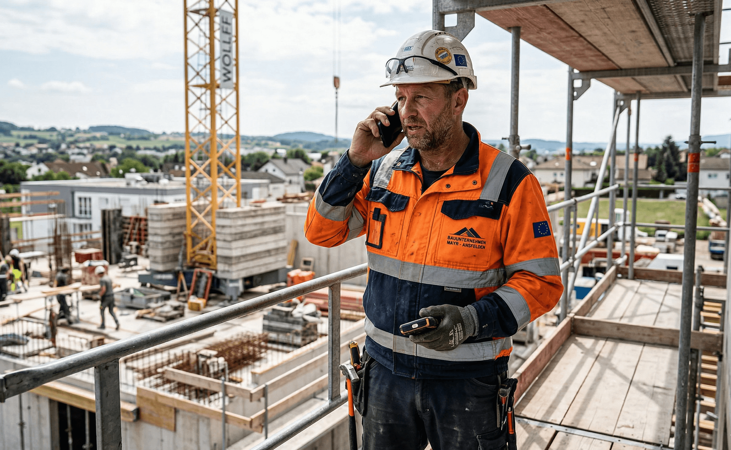 Ein Handwerker in Warnschutzkleidung telefoniert auf einer Baustelle mit dem KI-Assistenten von goai, im Hintergrund sind ein Kran und Rohbauten zu sehen.