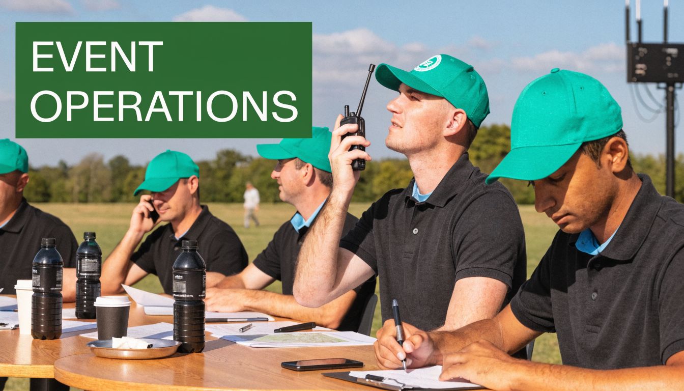A team of event operations staff members wearing green caps working at an outdoor table.