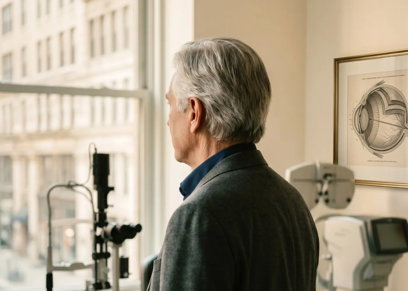 Retiring ophthalmologist in an eye clinic beside ophthalmology equipment.