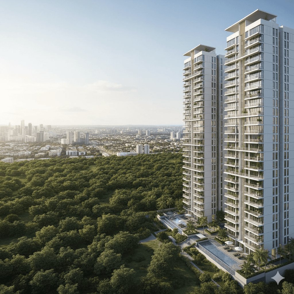 Architectural view of the elegant residential towers nestled against a backdrop of nature, M3M property