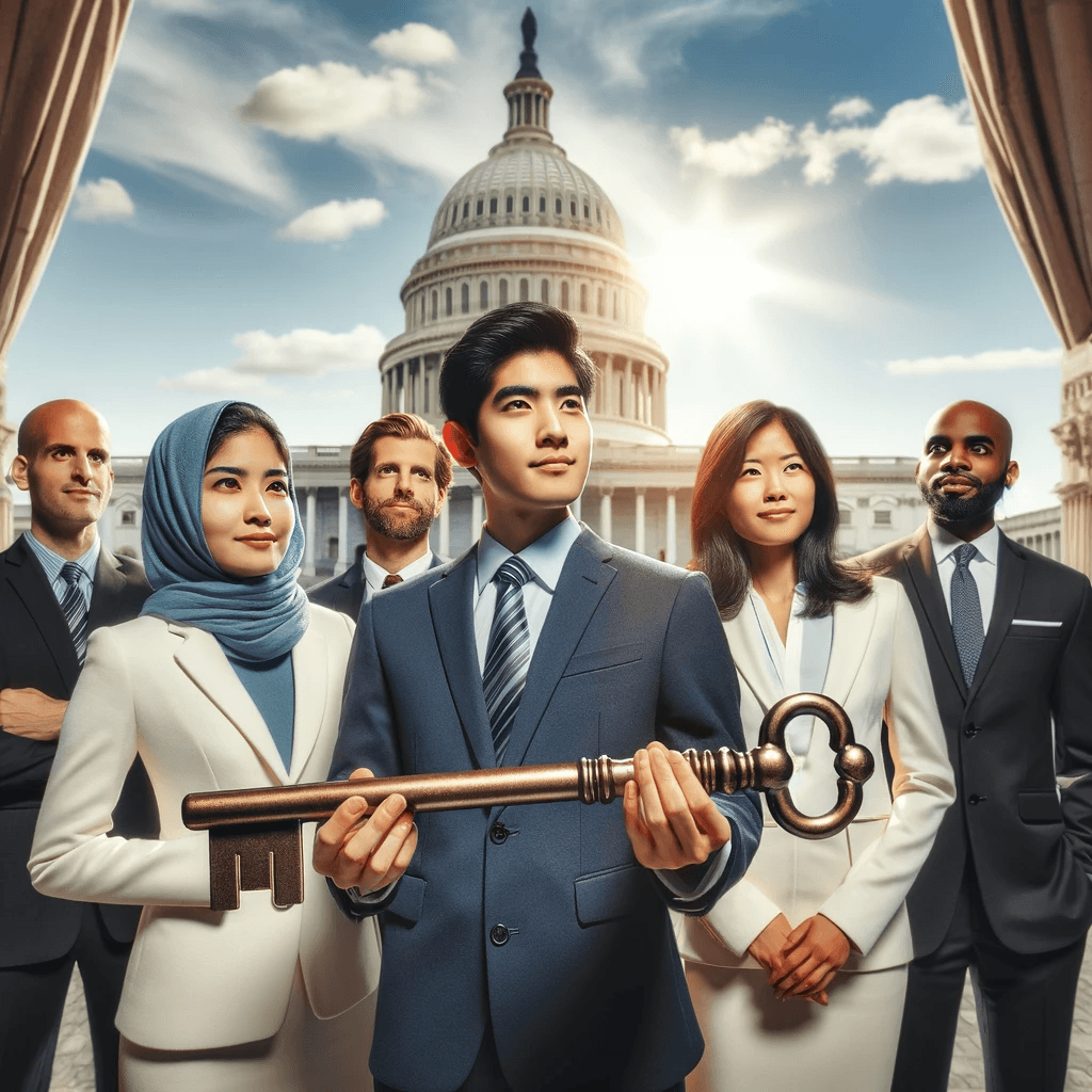 Diverse professionals holding a large key in front of the U.S. Capitol, symbolizing the unlocking of opportunities through the H-1B1 visa.