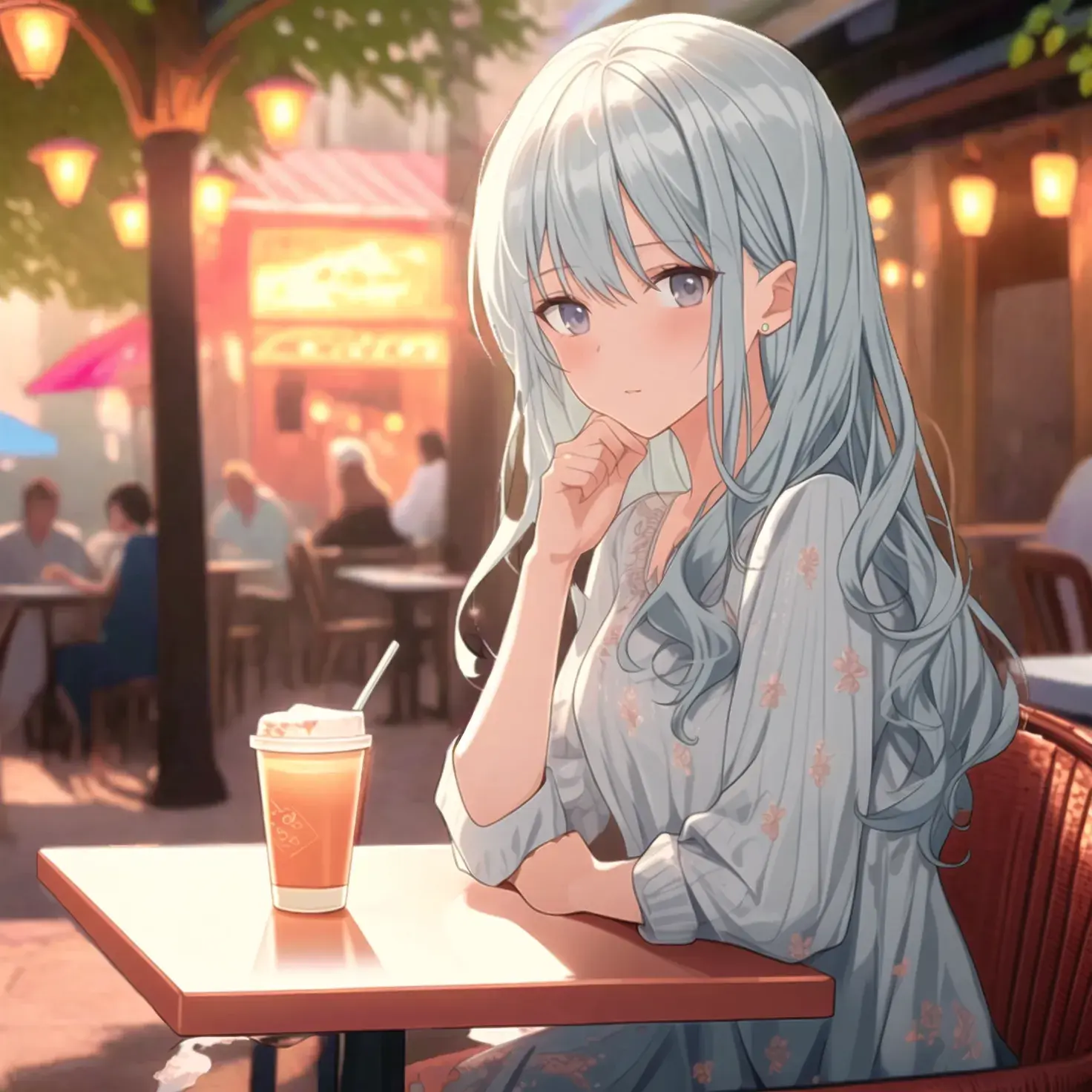 Female anime character with long silvered hair sitting in a chair at dawn. Image generated by AI.