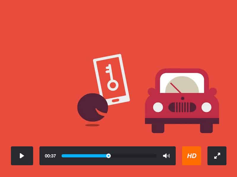 Animación de coche y teléfono con llave en pantalla roja.