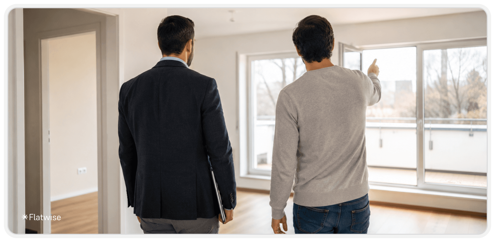 Zwei Männer besichtigen gemeinsam eine helle, moderne Wohnung mit großen Fenstern und Holzboden. Beide Personen sind von hinten zu sehen, während einer auf den Wohnbereich und den Balkon zeigt.