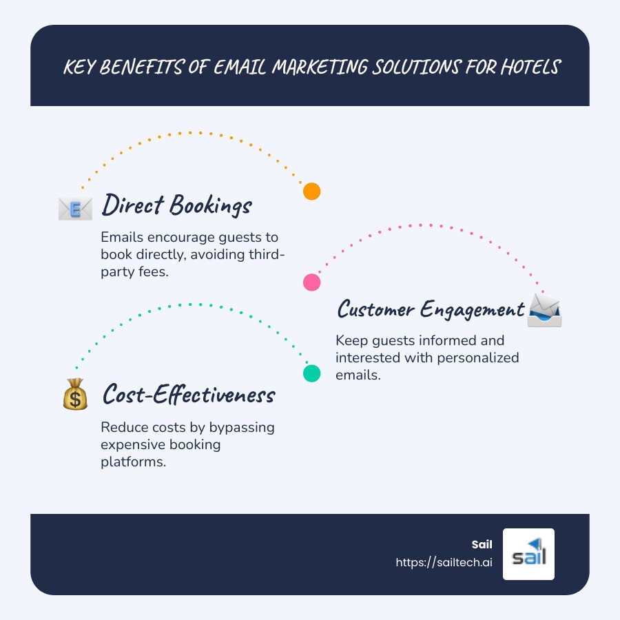 Infographic listing main benefits of email marketing solutions for hotels, such as increased direct bookings, improved customer engagement, cost savings, and improved brand loyalty. - email marketing solutions for hotels infographic infographic-line-3-steps-blues-accent_colors
