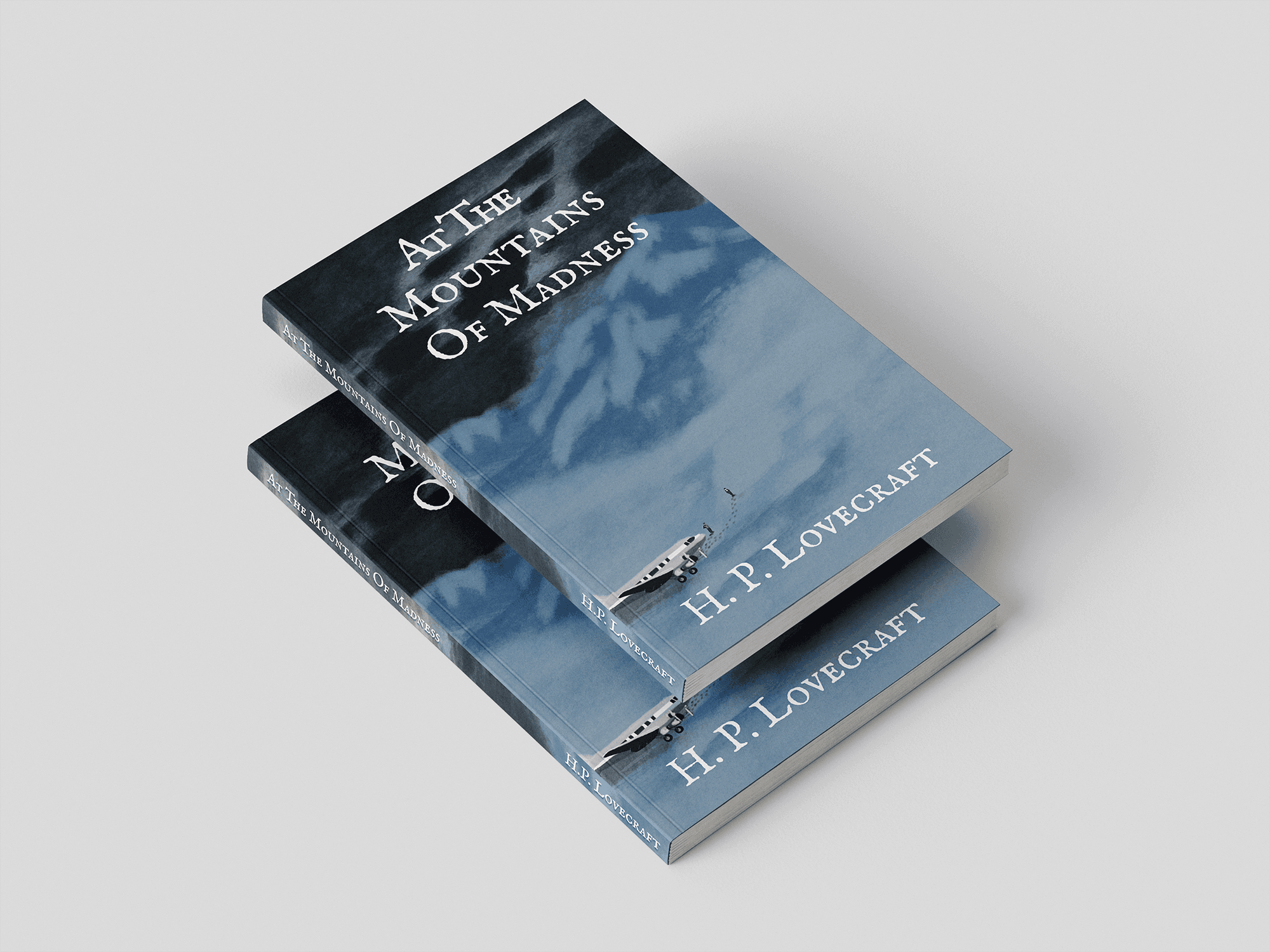 At The Mountains of Madness book design mockup – atmospheric blue-gray cover with Antarctic landscape and vintage aircraft for H.P. Lovecraft novella
