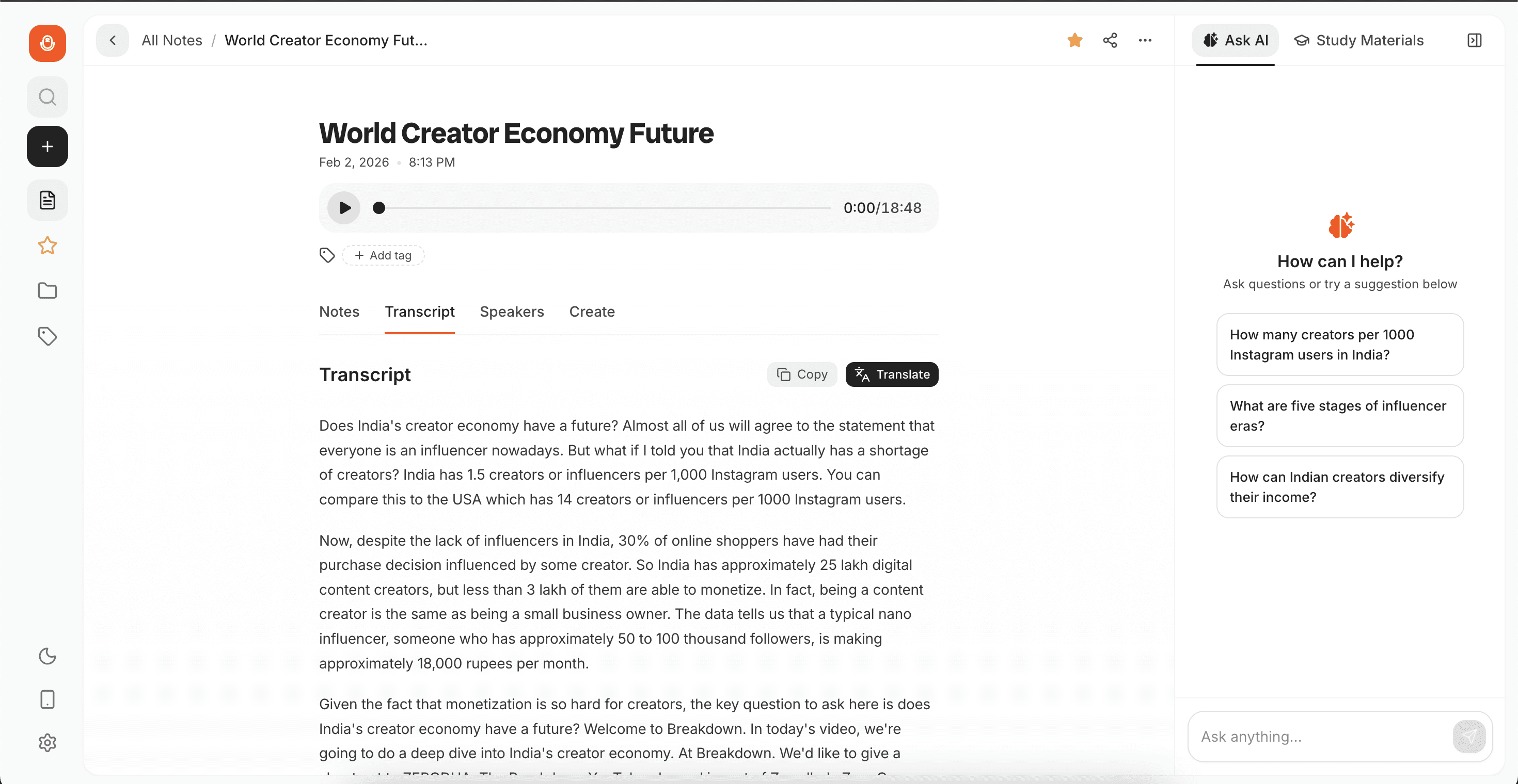Transcript and structured notes view with AI chat and actions