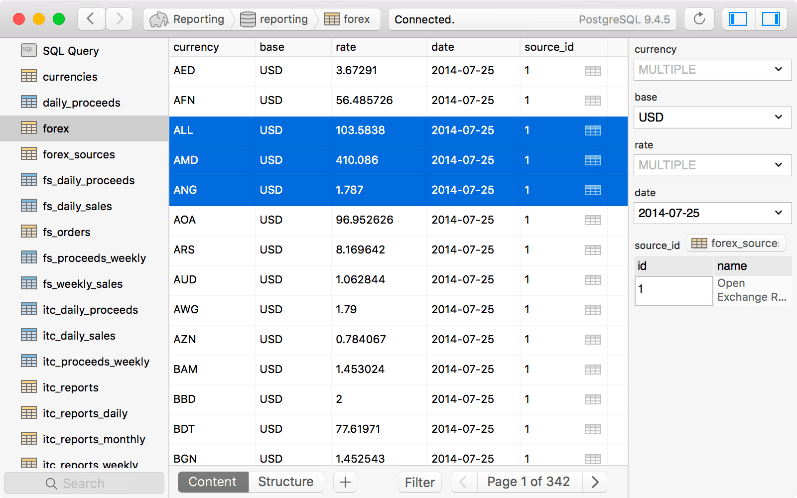 The Postico interface showing table data.