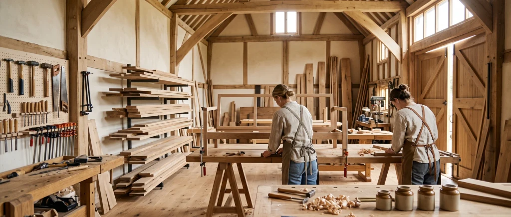Craftsmen at benches in a timber-framed furniture workshop