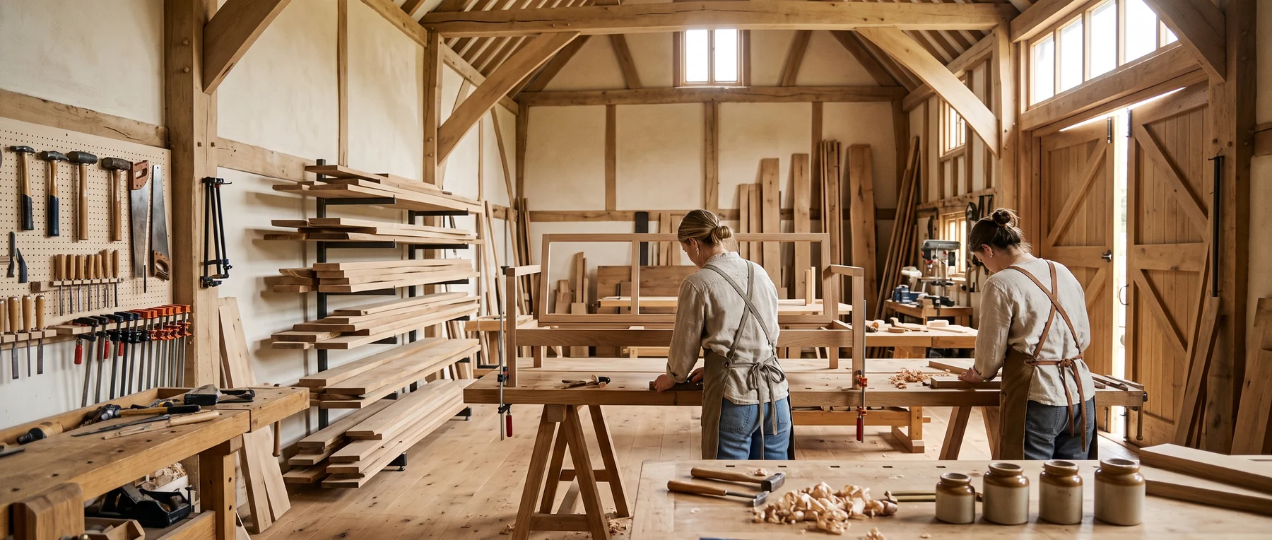 Craftsmen at benches in a timber-framed furniture workshop