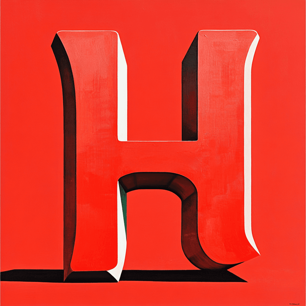 Red letter H on red background with a long shadow.