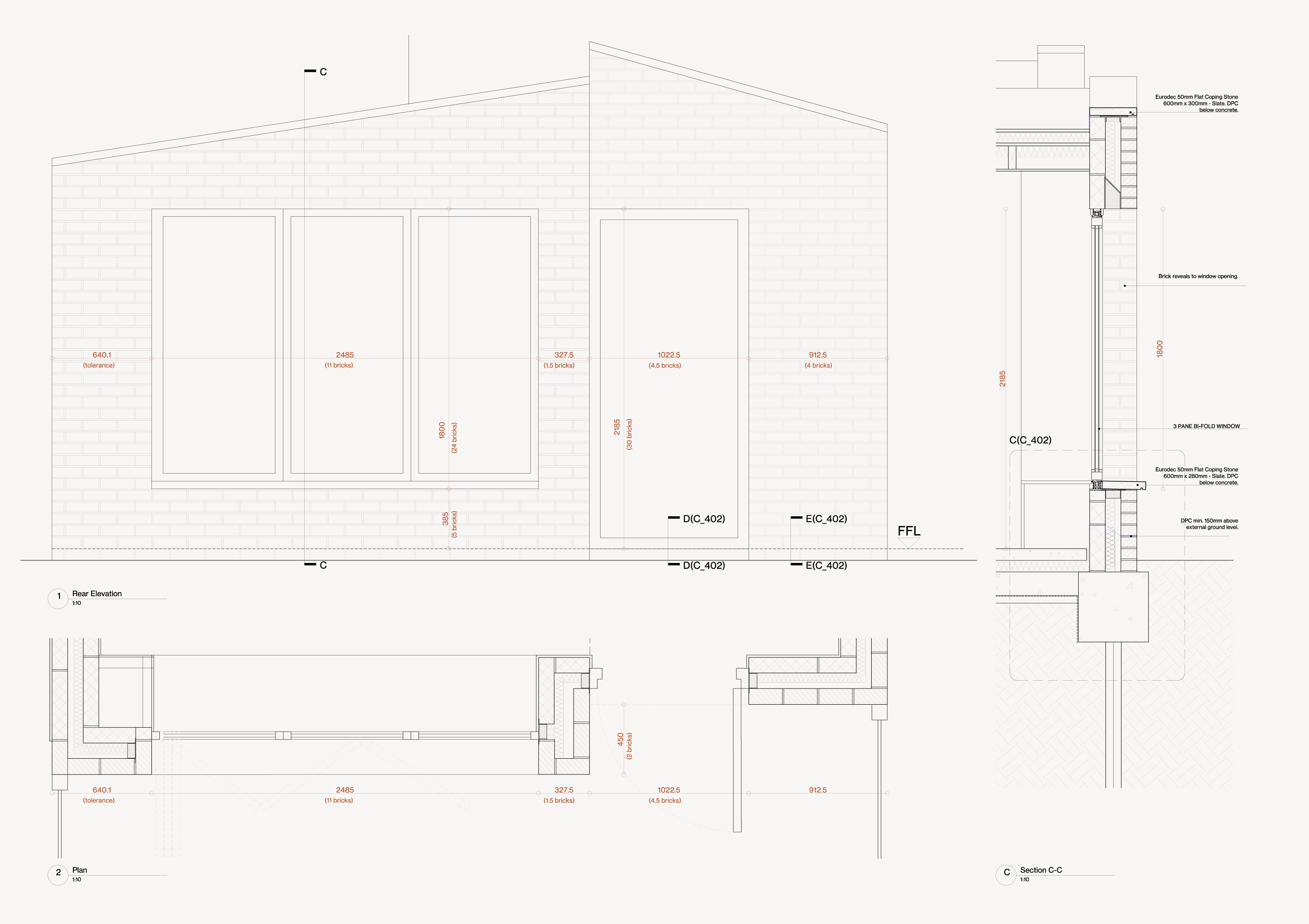 Stage 4 technical drawing package showing plans, sections, elevations and construction details for rear extension, Shardeloes Road — Alec Crisp Architects