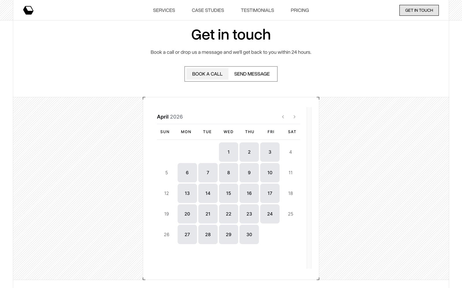 A website's "Get in touch" section showing "Book a Call" and "Send Message" options, plus an April 2026 calendar.