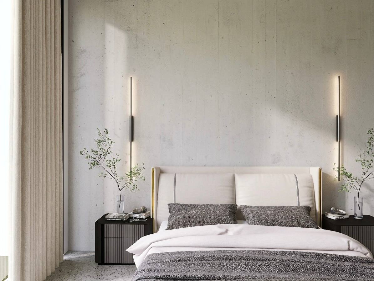 A serene bedroom with purple tones, a minimalist bed, wooden nightstands, and soft natural lighting.