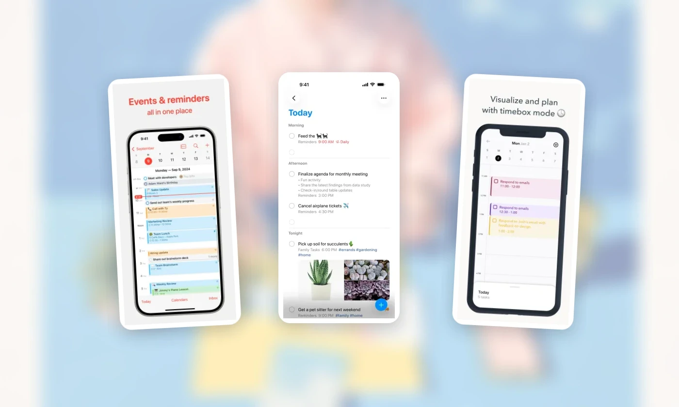 Official Apple Calendar, Apple Reminders, and Ellie screens showing the different roles of events, reminders, and planned tasks.