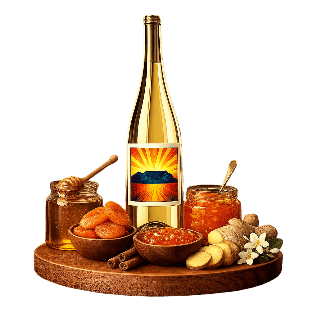Artistic label and flavor profile for South African Dessert Wine on a rustic wooden table.