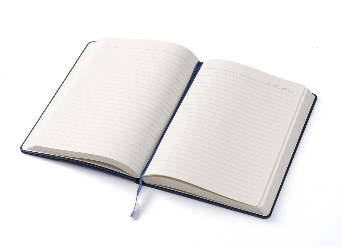 Open notebook displaying lined pages and blue ribbon bookmark.