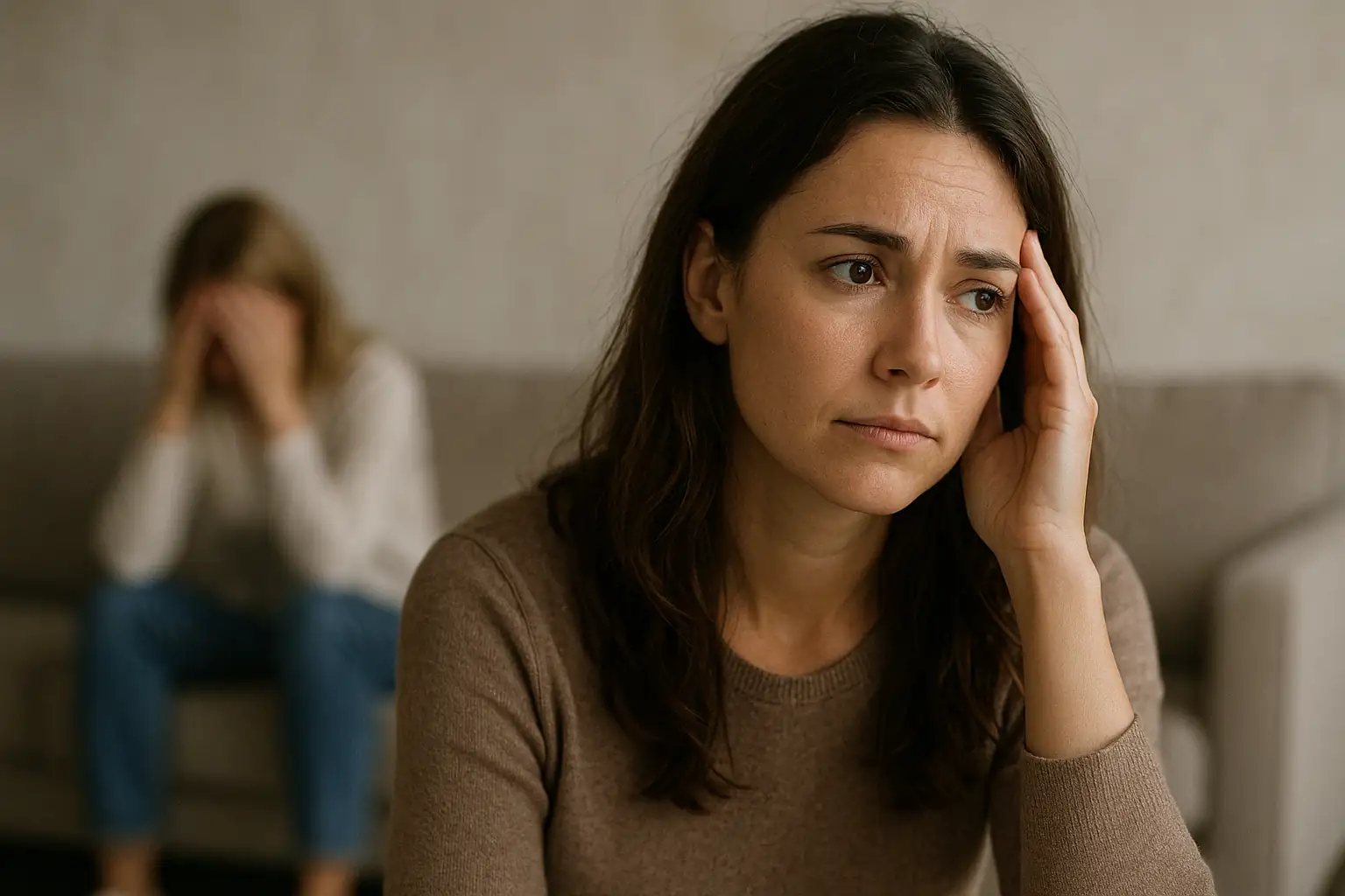 woman look very sad looking in distance