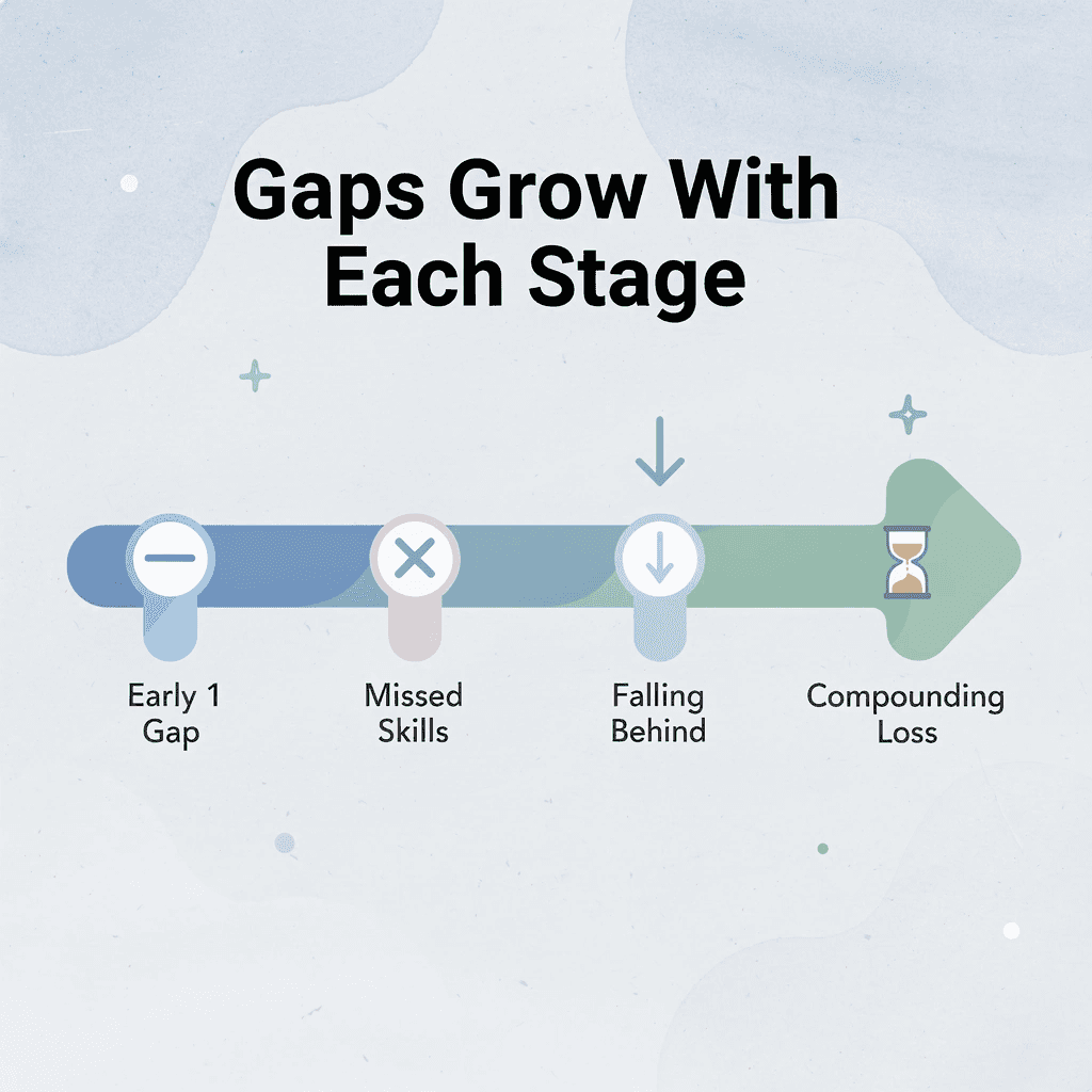 Arrow progression infographic showing how early learning gaps compound across developmental stages