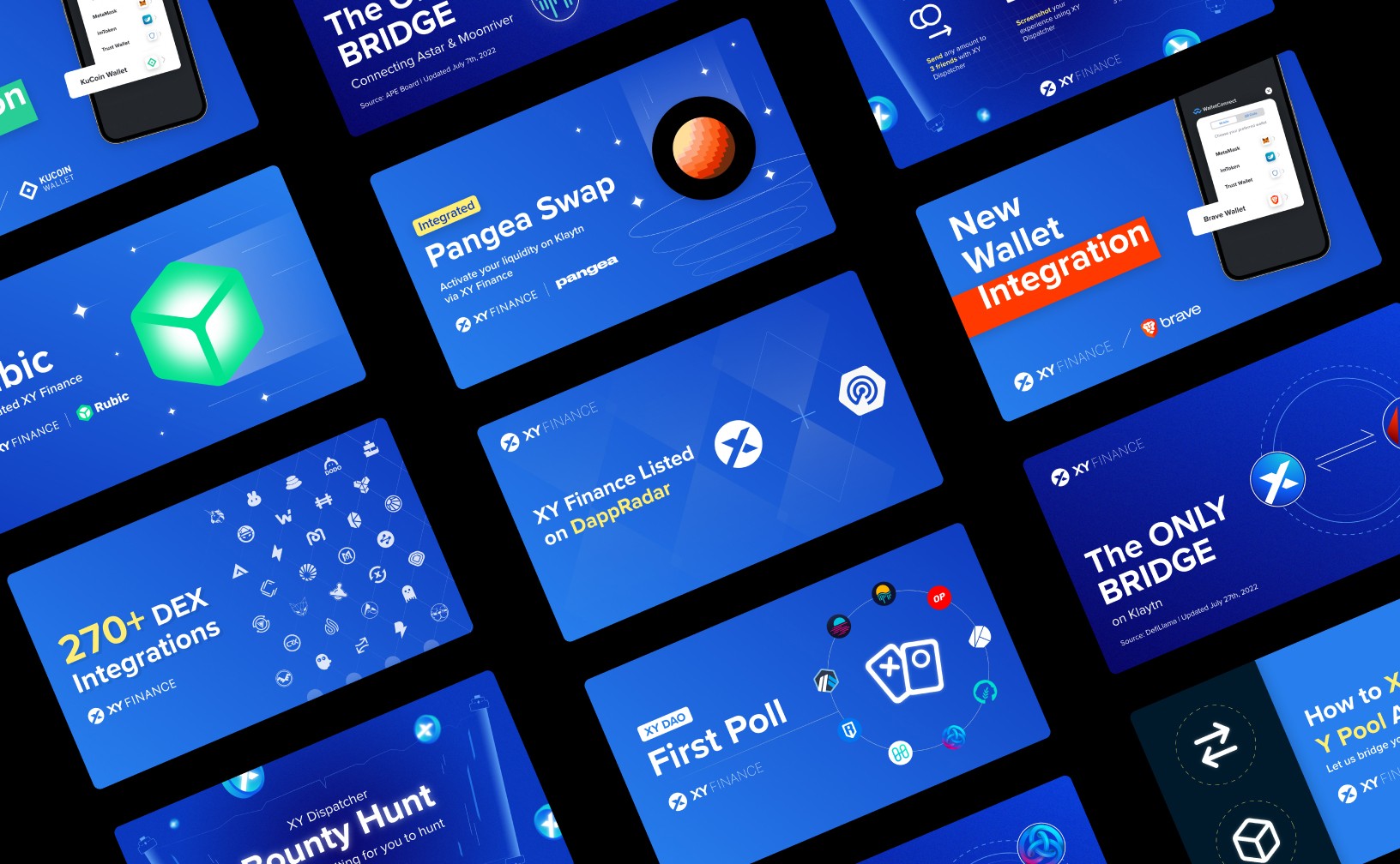 Rows of bluish background assets for the brand, each with a title and an illustration on the right