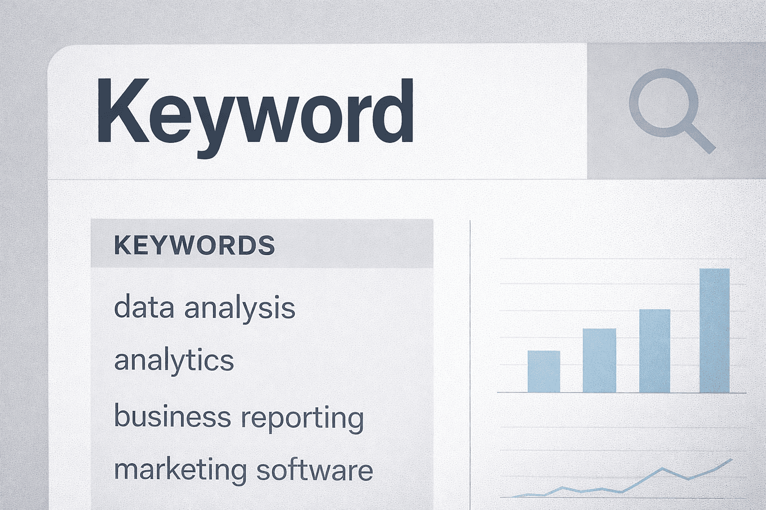 Close-up of a keyword search interface highlighting the word “Keyword” with charts and data signals