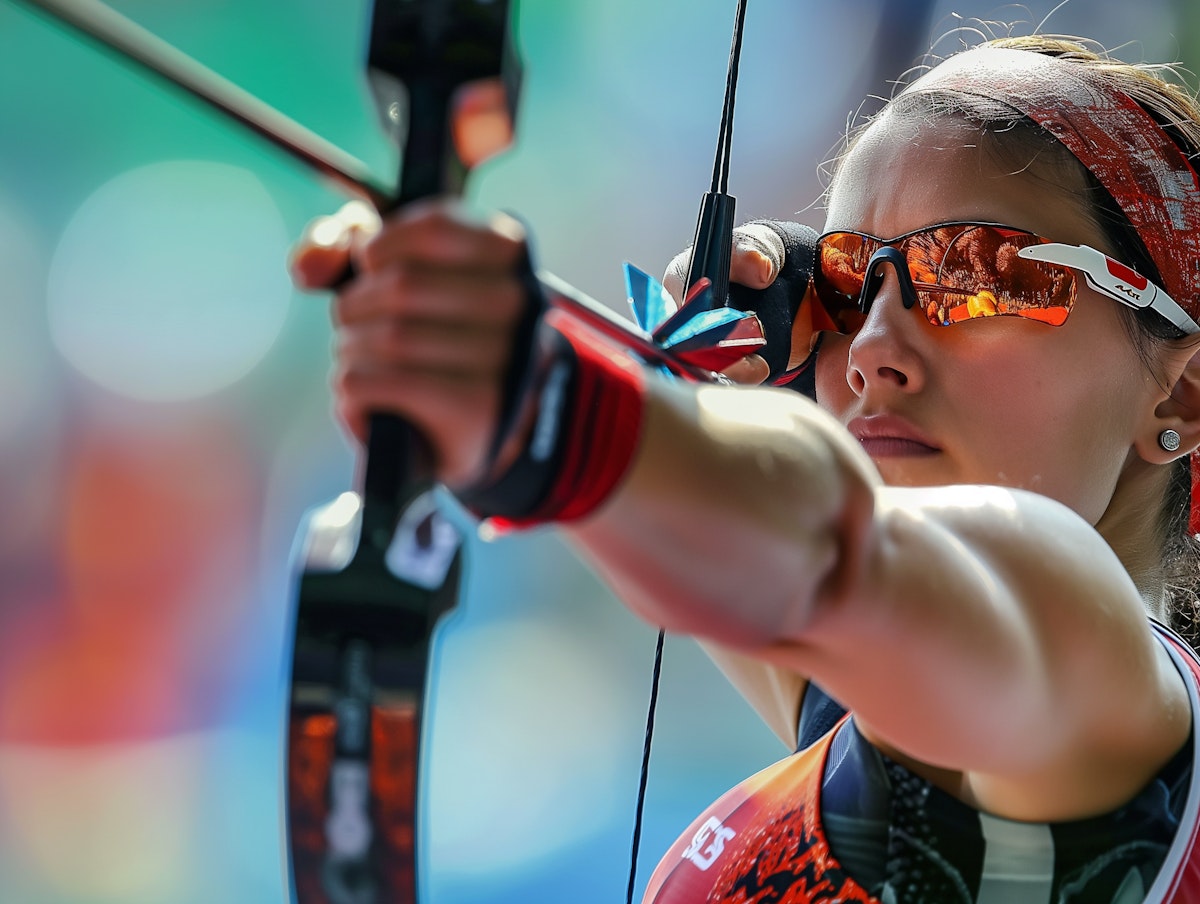 A kép egy profi sportoló elszántságát és precizitását mutatja be, amint íját feszítve a céltábla felé összpontosít.