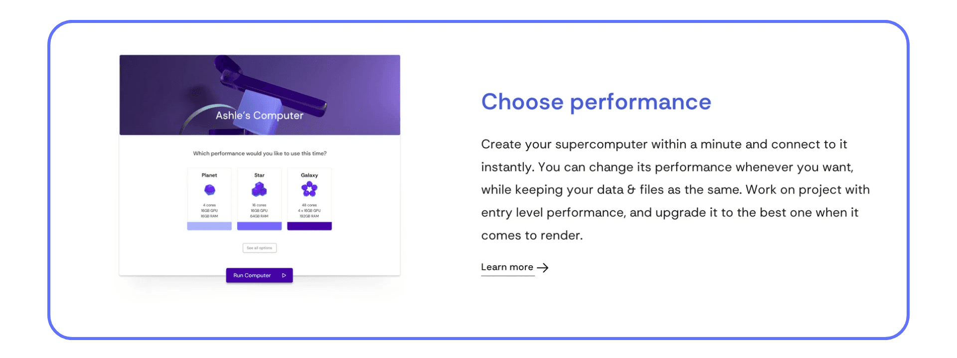 Vagon cloud computer interface showing performance selection options for different hardware levels