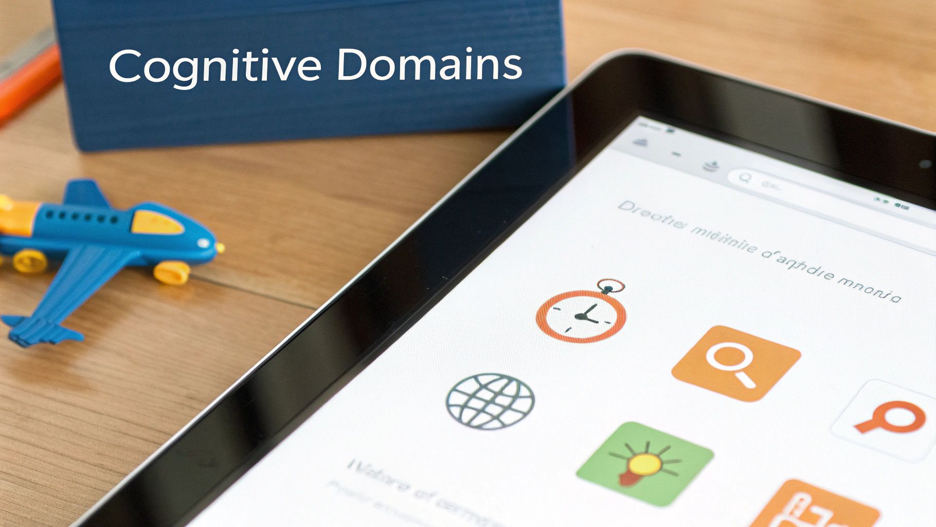 An educational image featuring 'Cognitive Domains' text on a blue block, with a tablet displaying various app icons.