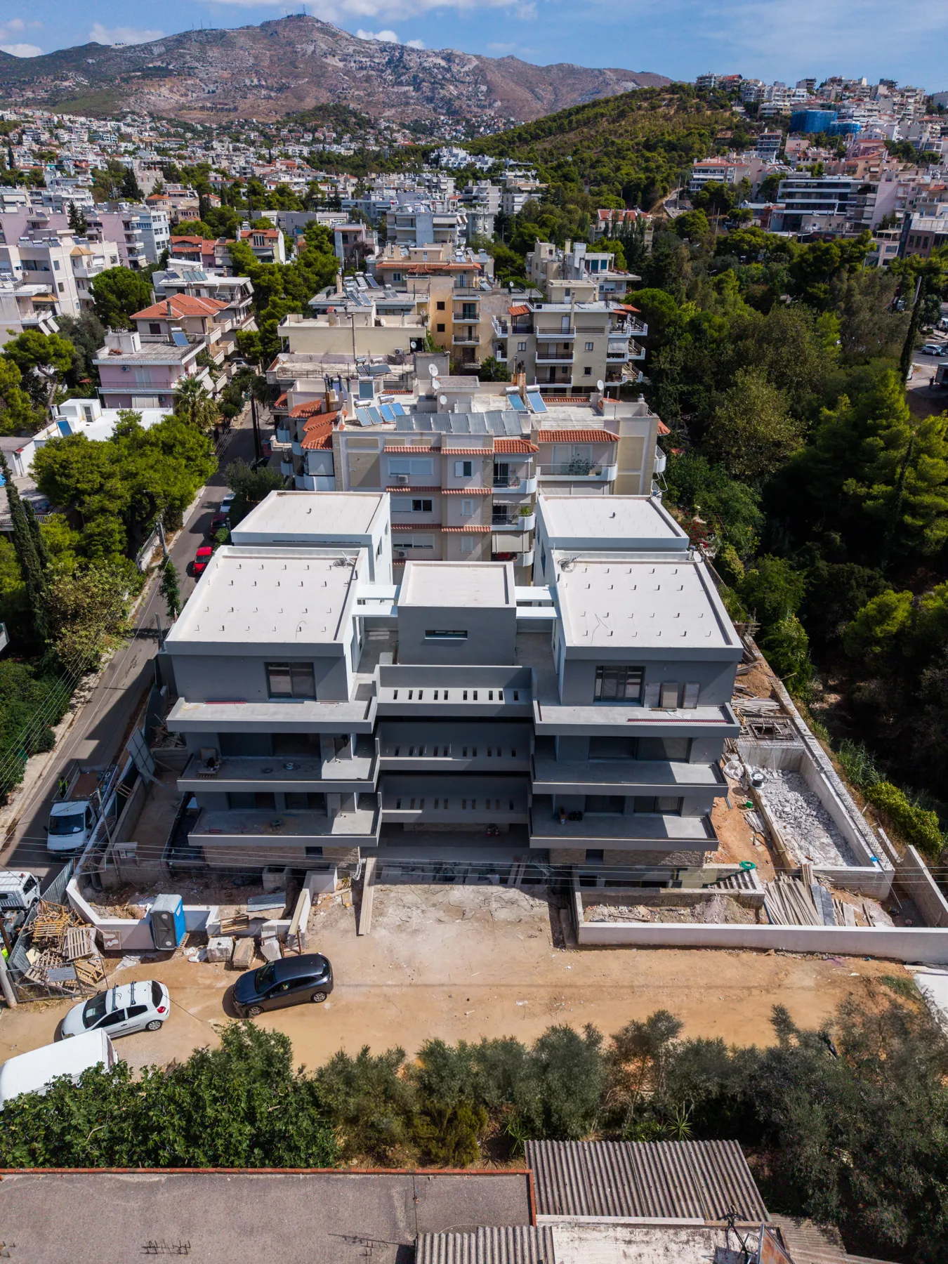 Drone view of the Horizon Properties building at Milou 11-13, Melissia, Athens