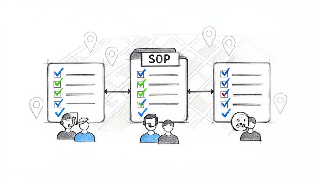 Diagram of three checklists, center one labeled SOP, showing teams following procedures and task completion.