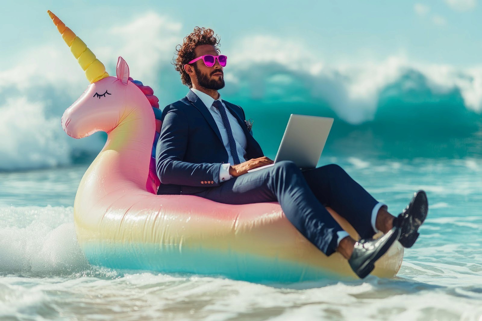 A person in a suit and tie sitting on an inflatable unicorn
AI-generated content may be incorrect.