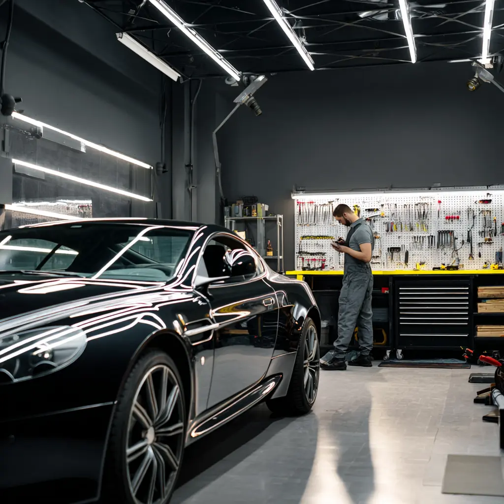 luxury car in garage with mechanic bradenton