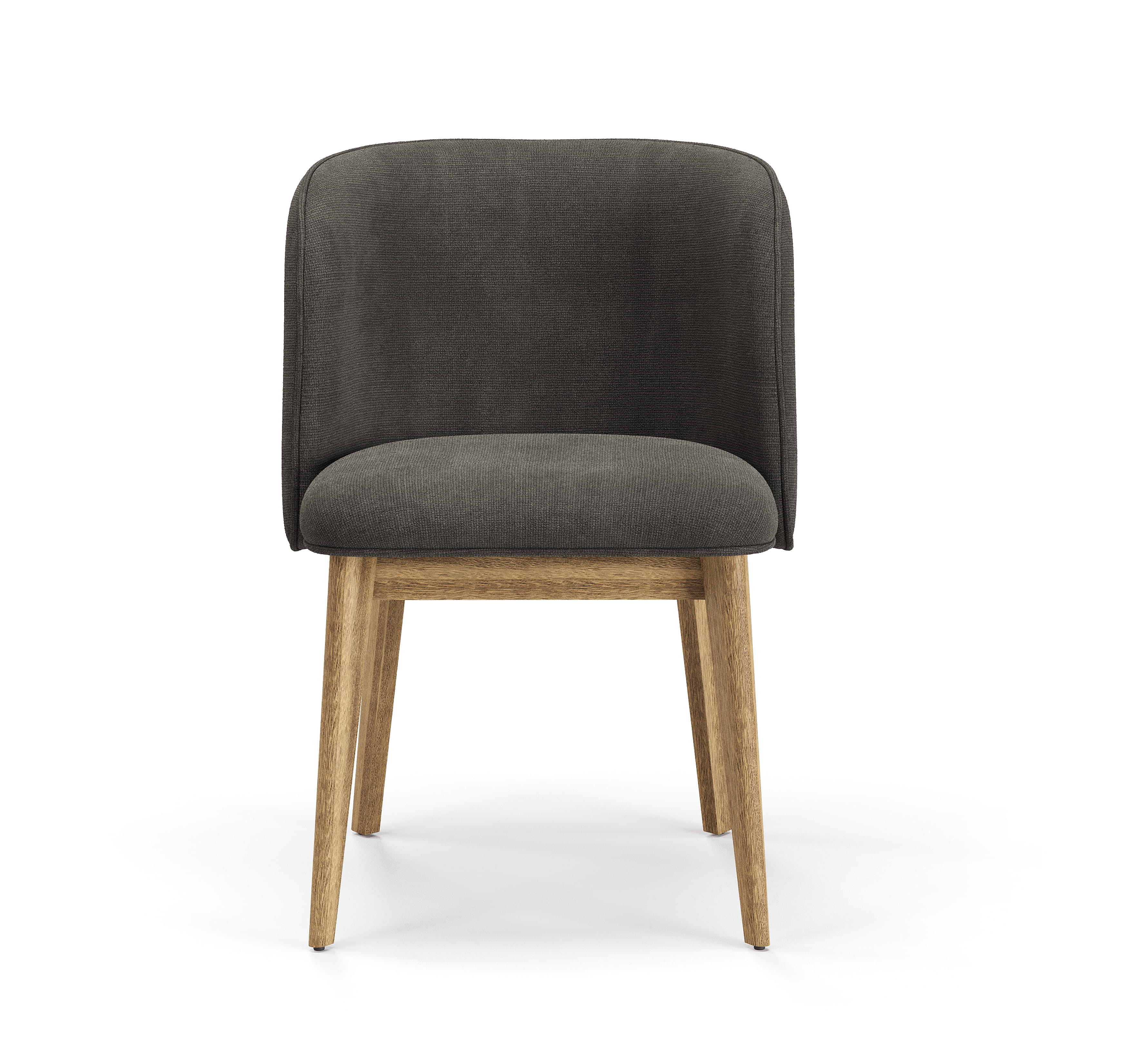 Front view of upholstered chair with rounded back and wooden legs