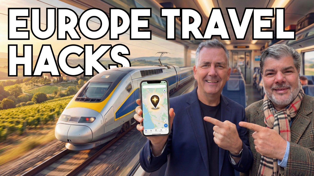 An Image of the No Tourists Allowed Hosts Mike Putman and James Ferrara pointing at a phone with the text overlay of "Europe Travel Hacks" overlayed
